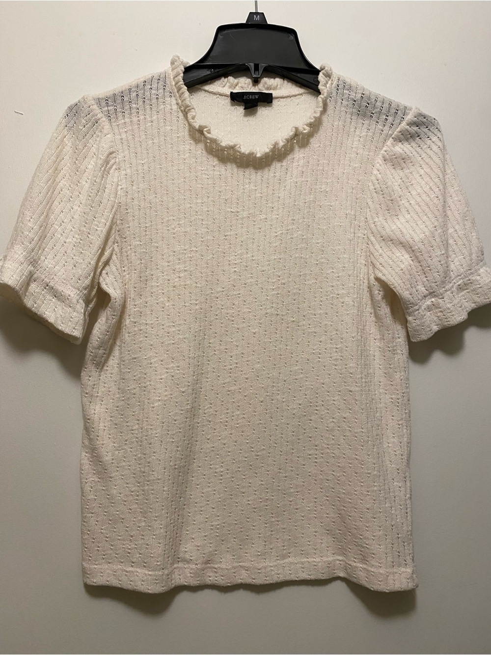 J. Crew Cream Short-Sleeve Ruffle Neck Knit Top